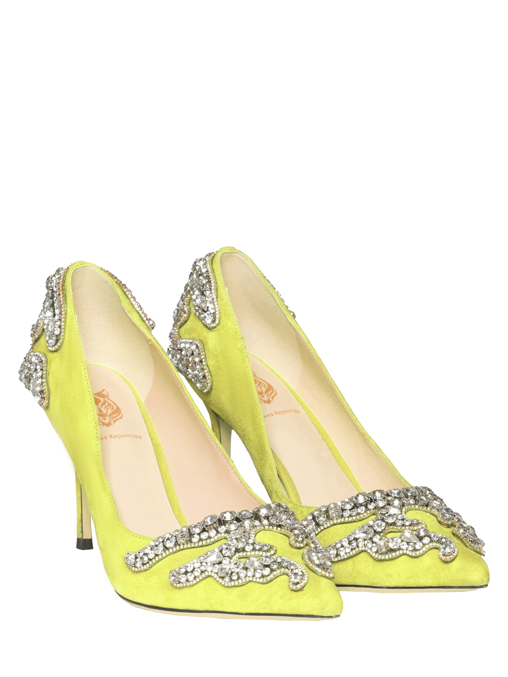 Женские замшевые салатовые туфли со стразами