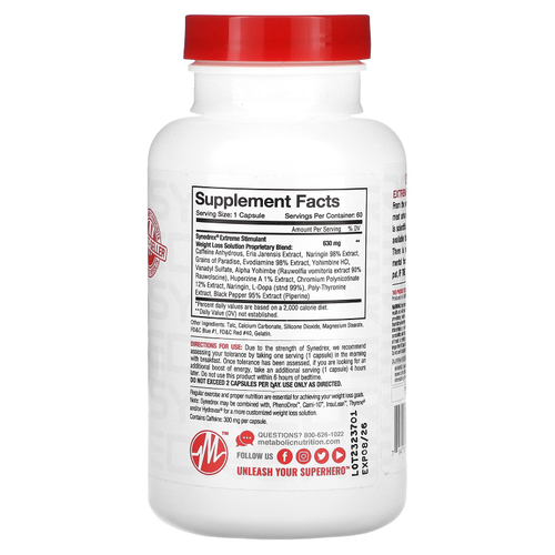Metabolic Nutrition, Synedrex, экстремальный стимулятор для снижения веса, 60 капсул