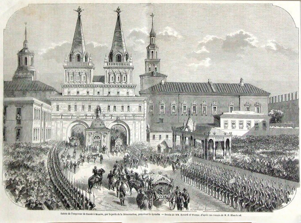 Гравюра «Въезд Императора России в Москву в Воскресенские ворота в Кремле». 1856 г.
