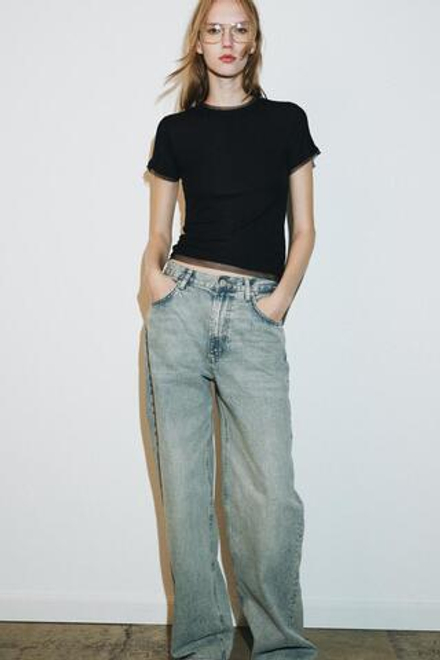 ZARA ФУТБОЛКА КОМБИНИРОВАННАЯ, ЧЕРНЫЙ