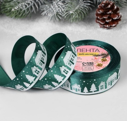 Лента атласная "Домики" 25 мм 23 м зеленая
