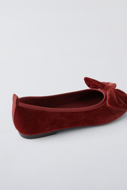 ZARA БАРХАТНЫЕ БАЛЕТКИ С БОЛЬШИМ БАНТОМ, ГРАНАТОВЫЙ