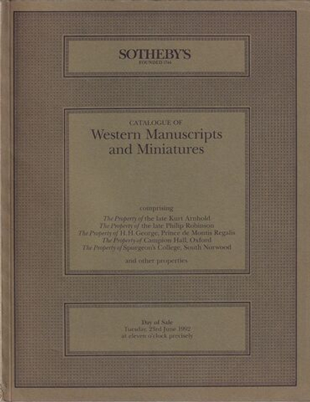 Каталог аукциона Sotheby's, Лондон, Рукописи и миниатюры Западной Европы от 23 июня 1992 года