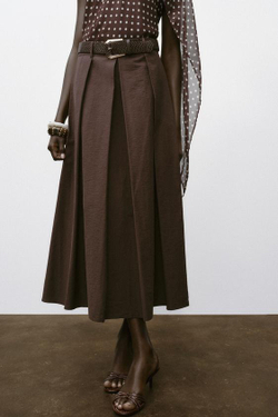 ZARA ЮБКА-КЛЕШ МИДИ С РЕМНЕМ, КОРИЧНЕВЫЙ