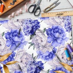 Ткань бифлекс белые и синие пионы на белом фоне