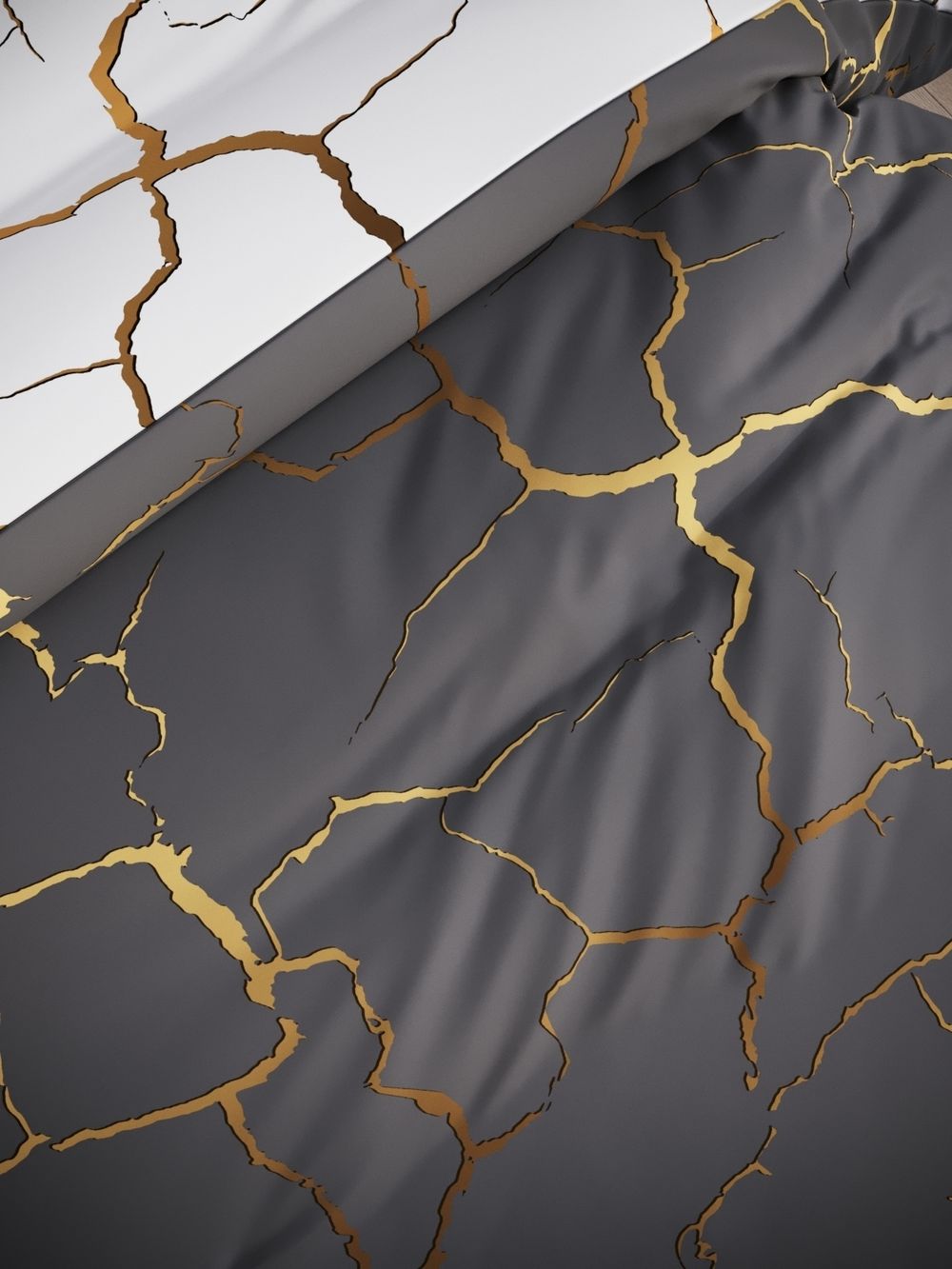 Постельное белье поплин Сказка "Кракле (серый)/Кракле (белый)" евро  Наволочка 50х70 см 2 шт Простынь на резинке 180x200 см Пододеяльник 200x215 см