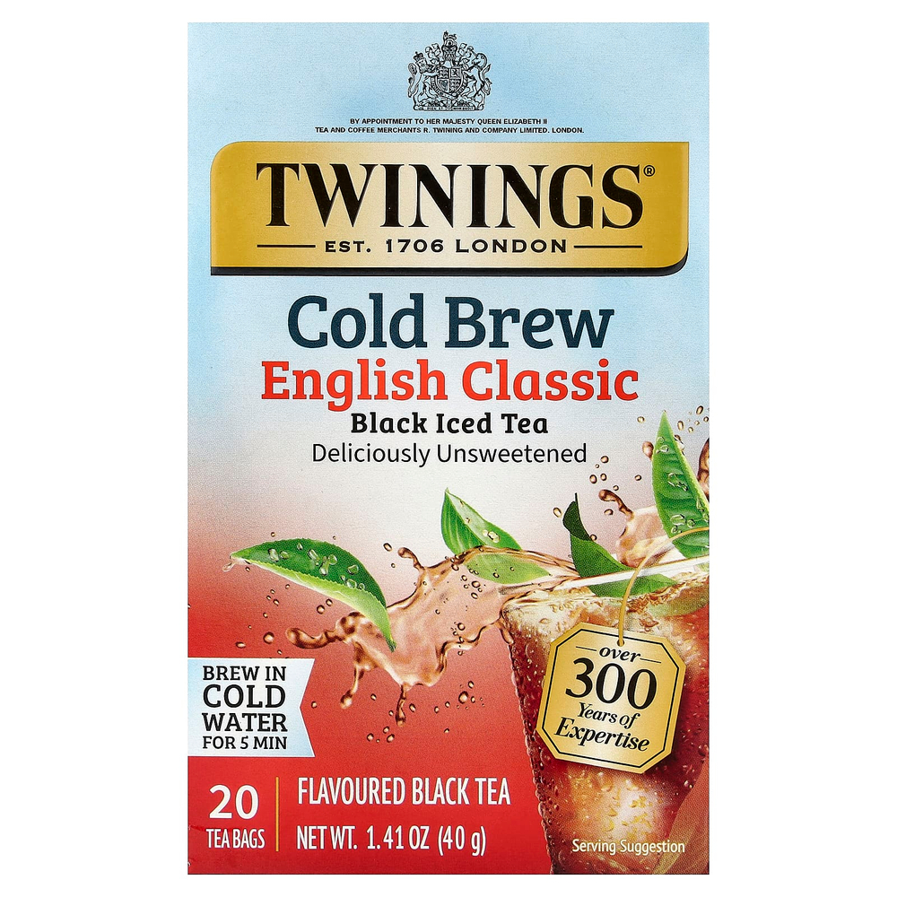 Twinings, холодный холодный чай, черный чай, классический английский, без подсластителей, 20 чайных пакетиков, 40 г (1,41 унции)