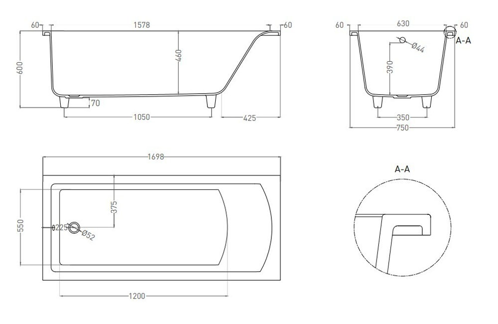 Ванна каменная встраиваемая матовая 170x75 Salini CASCATA 104113MRF окрашена по RAL