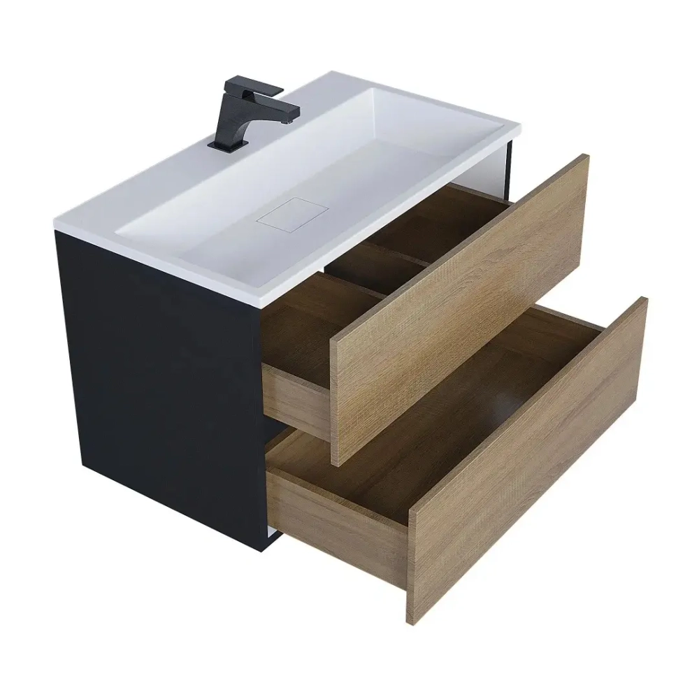 Тумба с раковиной Uperwood Barsa 80 см, раковина белая, подвесная тумба черная/дуб сонома