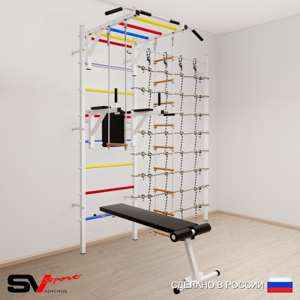 Шведская стенка Sv Sport усиленная 6590 (Турник рукоход/Брусья/Скамья/Лестница/Трапеция/Канатный лаз)