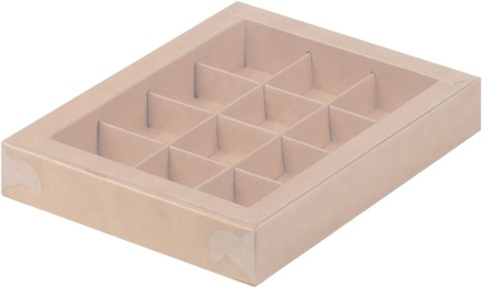 Коробка для конфет 12 шт с прозрачной крышкой крафт, 19х15х3 см