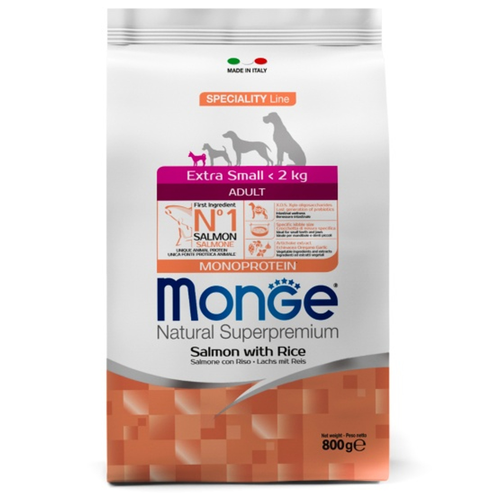 Сухой корм Monge Dog Speciality Line Monoprotein Extra Small для взрослых собак миниатюрных пород, с лососем и рисом 800 г
