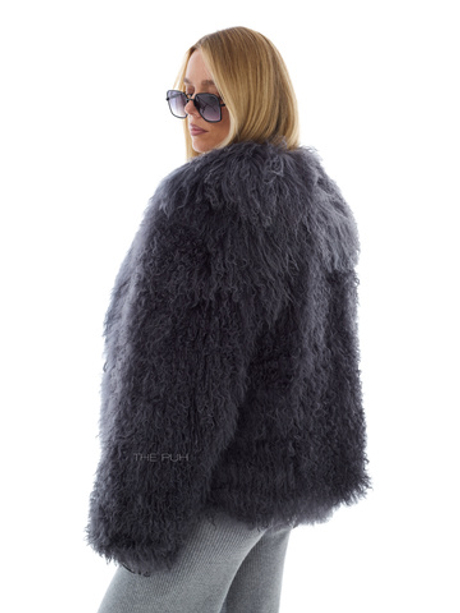 Графитовая короткая шуба из меха ламы