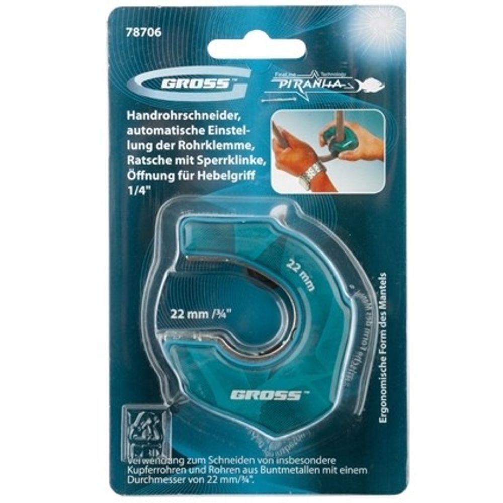 78706 Труборез ладонный "Piranha", 22 мм, 3/4, автоматическая регулировка зажима трубы, трещотка с храповым механизмом, отверстие 1/4 Gross