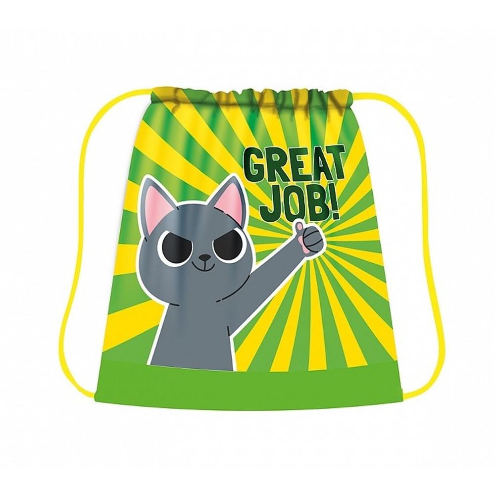 Мешок для сменной обуви, 1 отделение, ПЧЕЛКА, 340х420 мм, ткань, "Great job", зеленый с котиком Мешок для сменной обуви, 1 отделение, ПЧЕЛКА, 340х420 мм, ткань, "Great job", зеленый с котиком