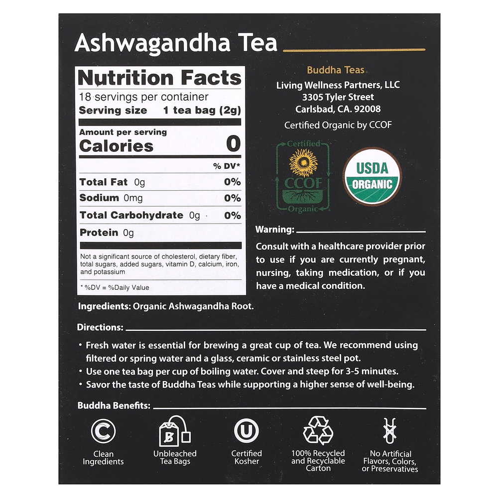 Buddha Teas, органический травяной чай, ашваганда, 18 чайных пакетиков, 36 г (1,27 унции)