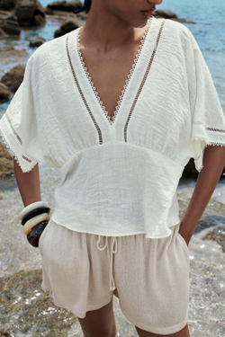 ZARA ТОП КИМОНО С КРУЖЕВОМ, БЕЛЫЙ