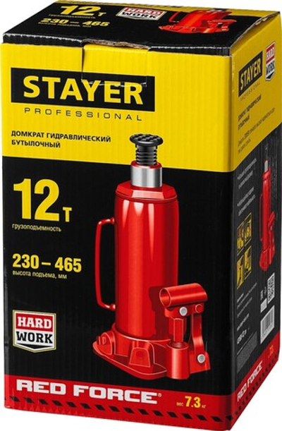 STAYER RED FORCE, 12 т, 230 - 465 мм, бутылочный гидравлический домкрат, Professional (43160-12)