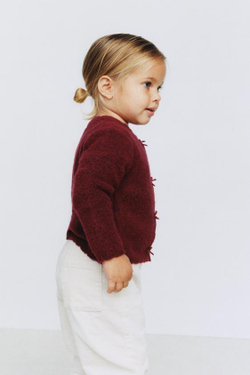 ZARA КАРДИГАН С БАРХАТНЫМИ БАНТАМИ, БУРГУНДИ