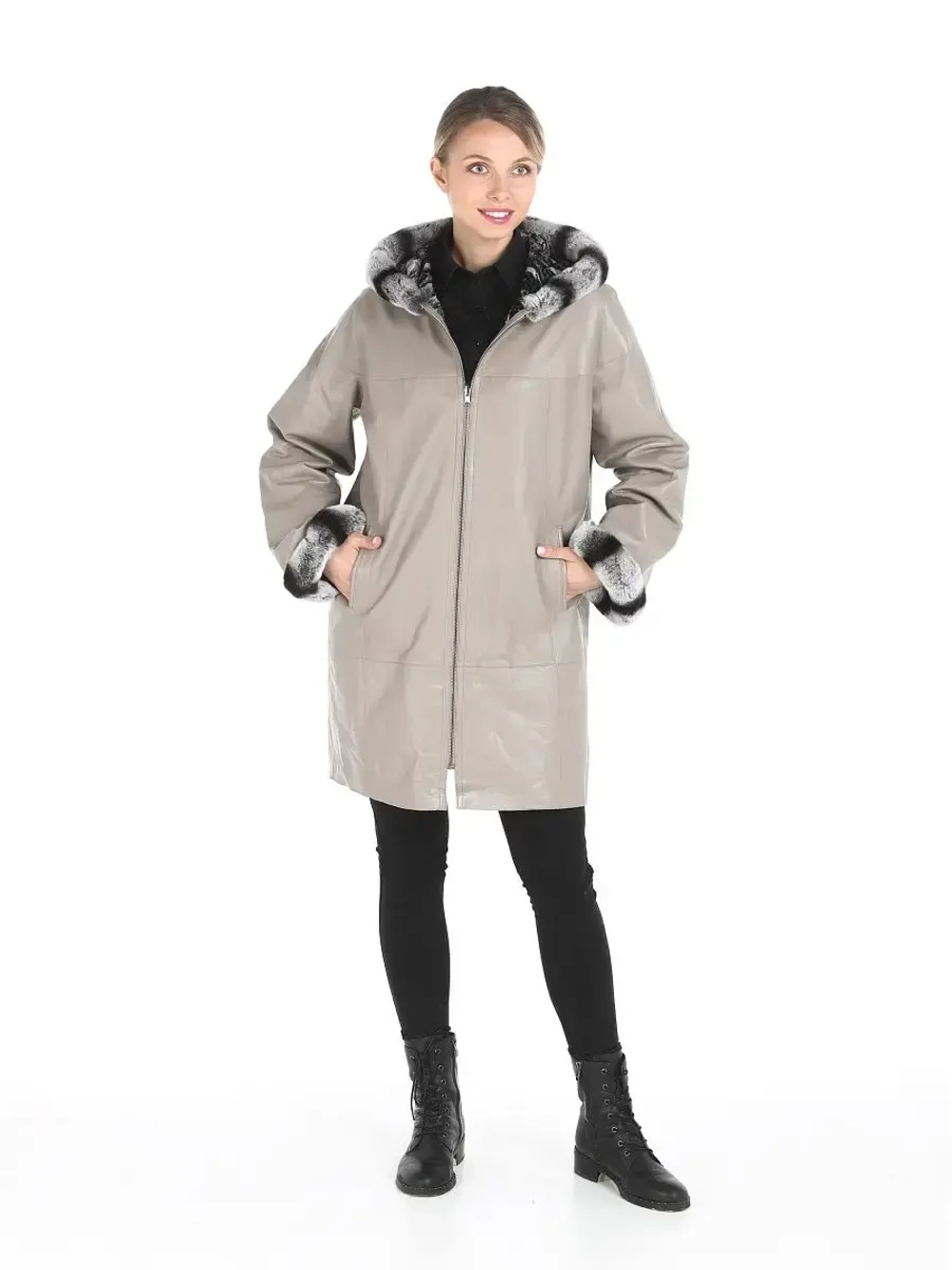 Женское пальто из натуральной кожи  с капюшоном двустороннее