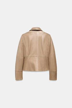 ZARA БЛЕЙЗЕР ОБЛЕГАЮЩЕГО КРОЯ ИЗ 100% КОЖИ, КАМЕННО-СЕРЫЙ