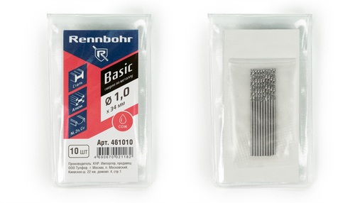 Сверло по металлу, ЦХ, 1,0 x34 мм, HSS-R, 10шт/уп, RENNBOHR BASIC PROM