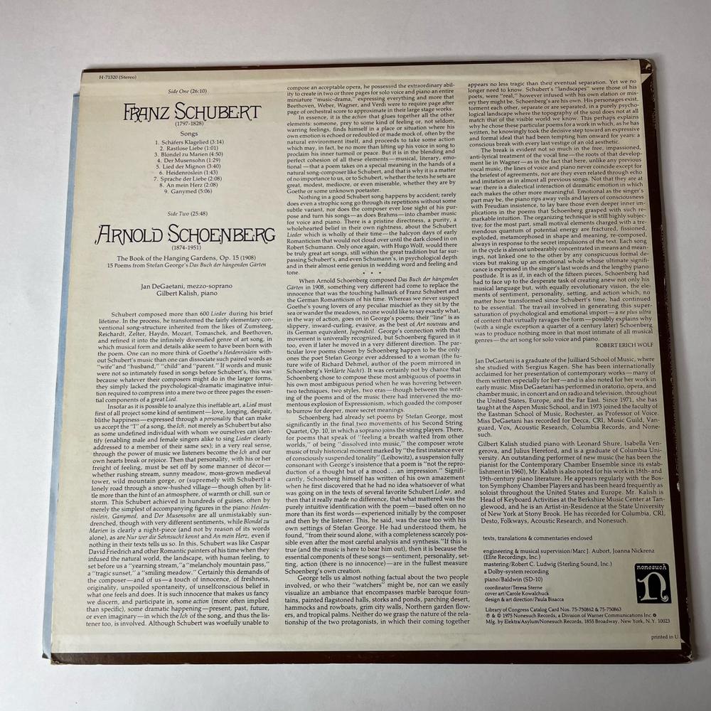 Винтажная виниловая пластинка LP Franz Schubert Шуберт, Arnold Schoenberg, Jan DeGaetani, Gilbert Kalish, Songs / The Book Of The Hanging Gardens, Op. 15 (США 1975)