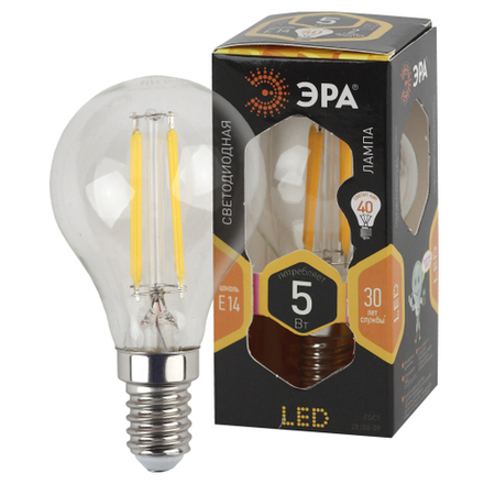 Лампа светодиодная ЭРА F-LED P45-5W-827-E14 5Вт. филамент шар теплый белый свет Е14