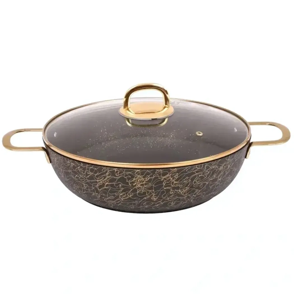 Сотейник 300/85мм с ручками,со стеклянной крышкой,АП линия «Грация»(черный/золото)