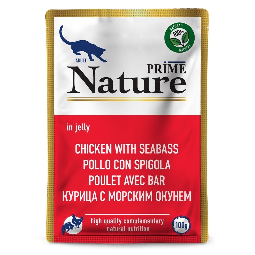 Prime Nature 100 г - консервы (пакетик) для кошек с курицей и морским окунем (желе)