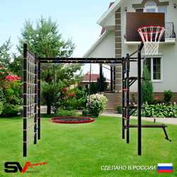 Уличная шведская стенка Sv Sport рукоход с комплектом турник прямой 2шт У5276К (Турник/Брусья/Стойка/Скамья/Гнездо 80см/Щит баскет/Сетка)