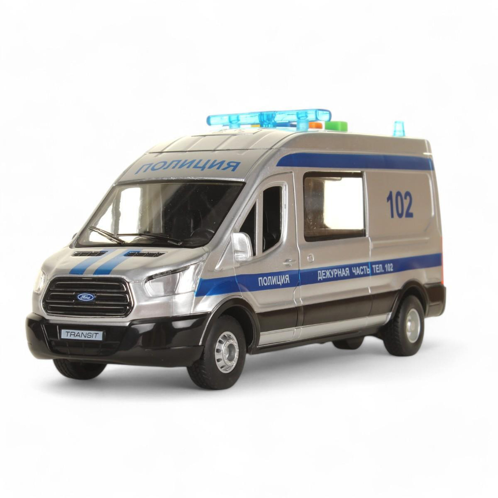 Модель ин. пласт. "Ford Transit. Полиция" 22,5см, двери, серебр, свет-звук, коробка (Технопарк)