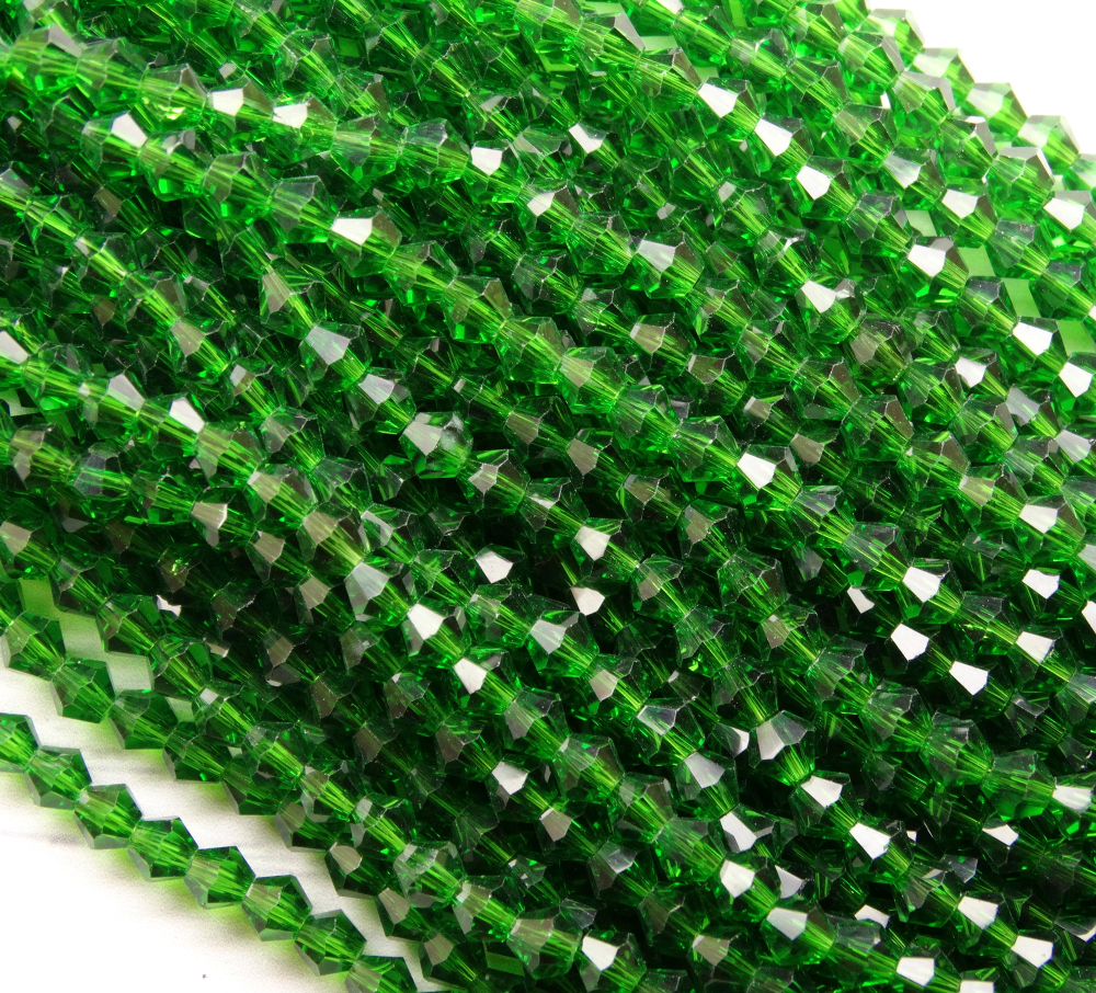 ББ022НН4 Хрустальные бусины "биконус", цвет: темно-зеленый проз., размер 4 мм, кол-во: 95-100 шт.