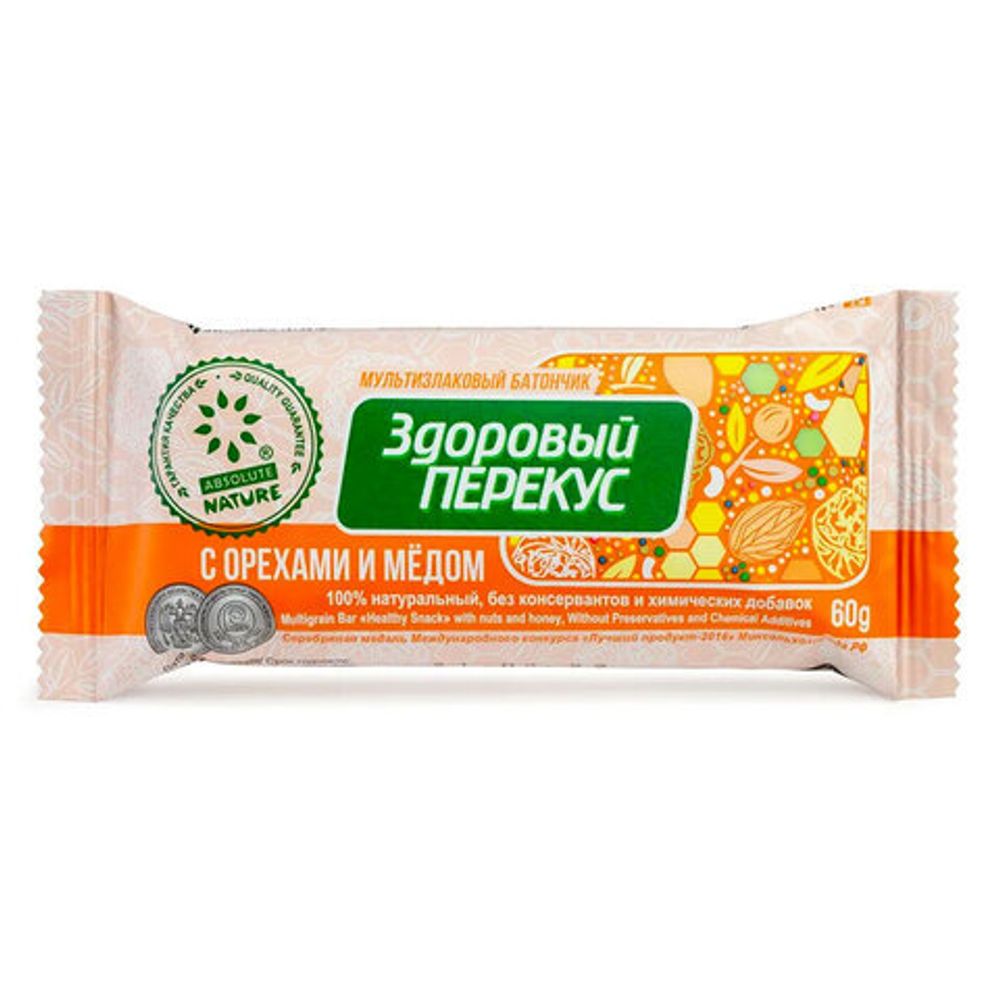 Батончик-мюсли ЗДОРОВЫЙ ПЕРЕКУС с орехами и медом, 20 шт. по 60 г, 16917