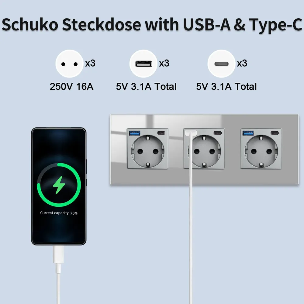 Розетка электрическая с USB/TYPE-C 2.1A ,с заземлением,3 пост,Стекло Рамка серый