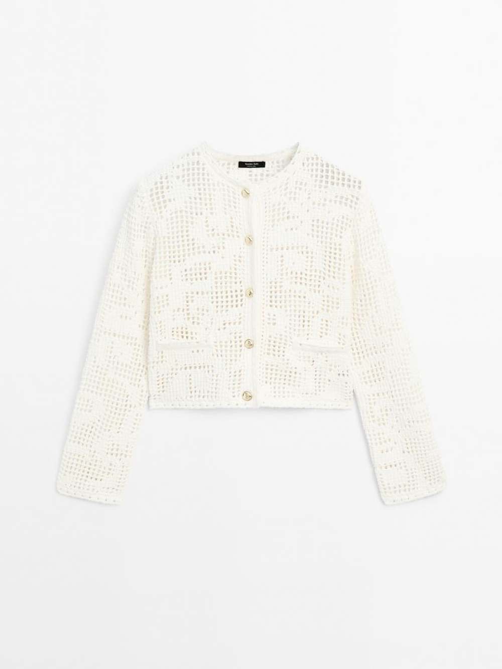 Massimo Dutti Кардиган из кружева кроше с пуговицами со стразами, натуральный, кремовый