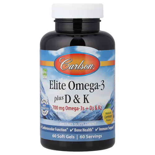 Carlson, Elite Omega-3 Plus D & K, натуральный лимонный вкус, 60 капсул