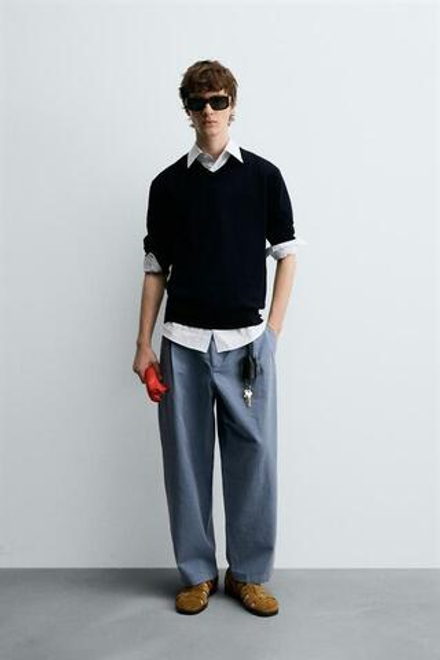 ZARA БРЮКИ BALLOON FIT С ЗАЩИПАМИ, СЕРЫЙ/СИНИЙ