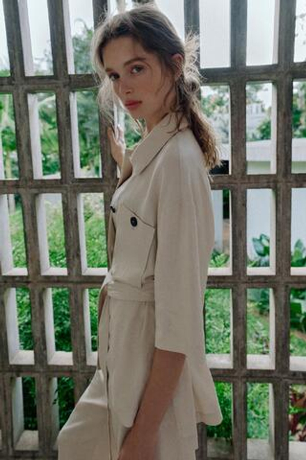 ZARA КУРТКА-САФАРИ ИЗ ЛЬНА С РЕМНЕМ, СВЕТЛО-БЕЖЕВЫЙ