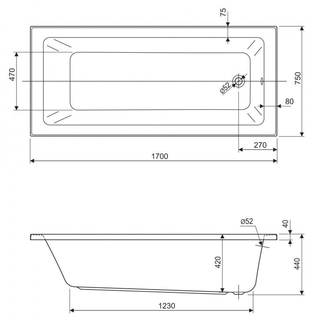 Акриловая ванна 170x75 см Cezares PLANE SOLO MINI-170-75-42-W37