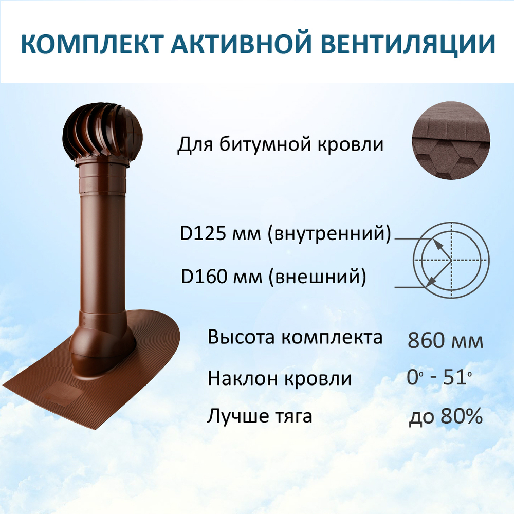 Турбодефлектор TD160, вент. выход утепленный высотой Н-700, проходной элемент для битумной кровли, коричневый