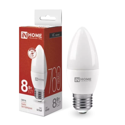 Лампа светодиодная LED-СВЕЧА-VC 8Вт 230В Е27 4000К БЕЛЫЙ 760Лм IN HOME