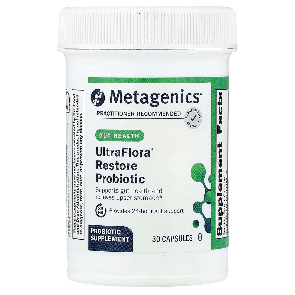 Metagenics, UltraFlora®, восстанавливающий пробиотик, 30 капсул (253,5 мг (20 млрд КОЕ) в 1 капсуле)