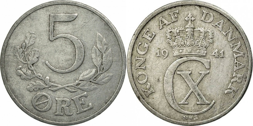 Дания 5 эре, 1941 Король Кристиан X VF