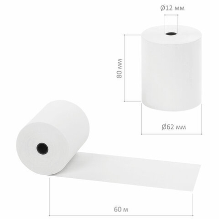 Чековая лента ТЕРМОБУМАГА 80 мм (диаметр 62 мм, длина 60 м, втулка 12 мм) КОМПЛЕКТ 6 шт., BRAUBERG, 112355, 52375