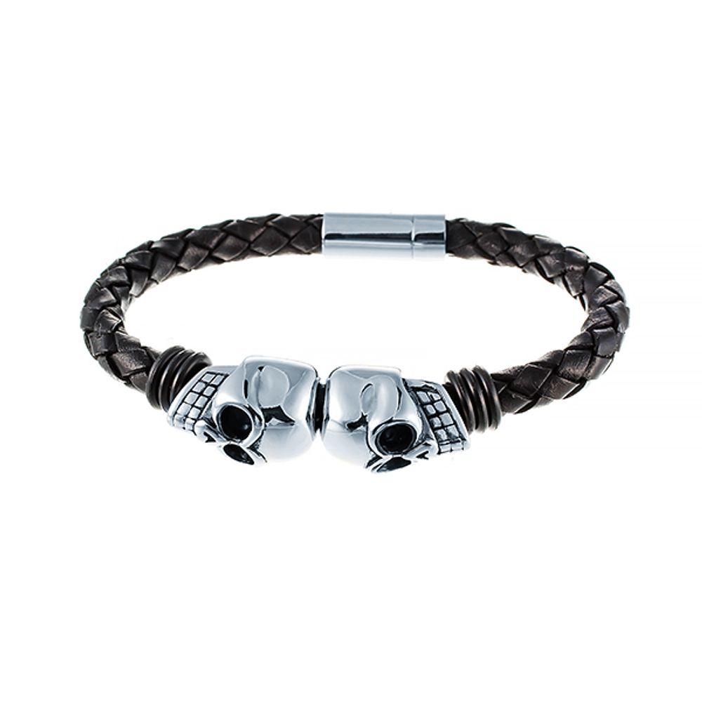 Стильный плетёный чёрный кожаный браслет со стальными черепами на магнитной застёжке JV 232-0118 в подарочной упаковке