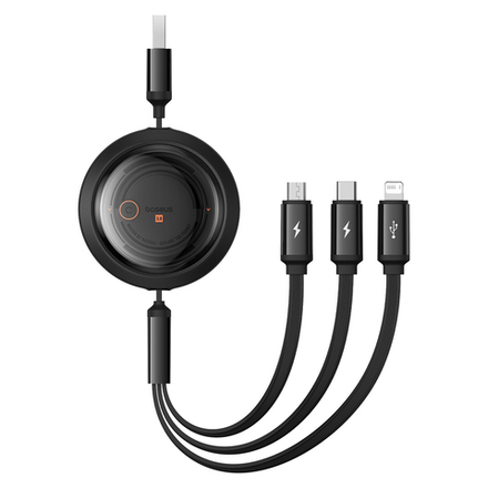 Кабель USB-A - C+L+M Baseus Free2Draw Retractable Crystal Charging+Data 3.5A 1.1m - Cluster Black