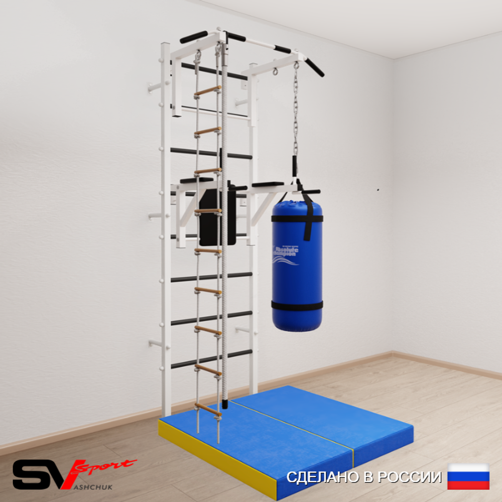 Шведская стенка Sv Sport усиленная 6755 (Турник стандарт/Брусья/Канат/Лестница/Цепь/Мешок 15кг/Мат 1м)