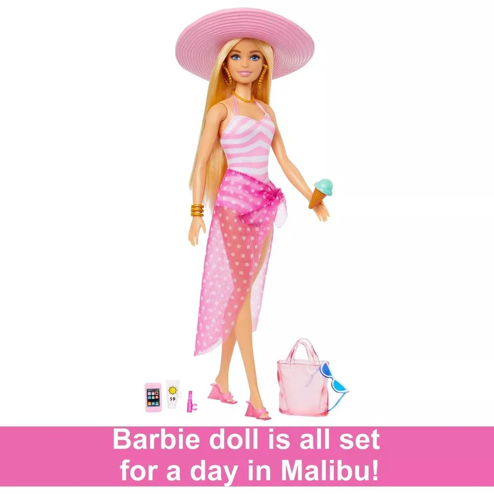 Кукла Barbie в купальнике с пляжными аксессуарами