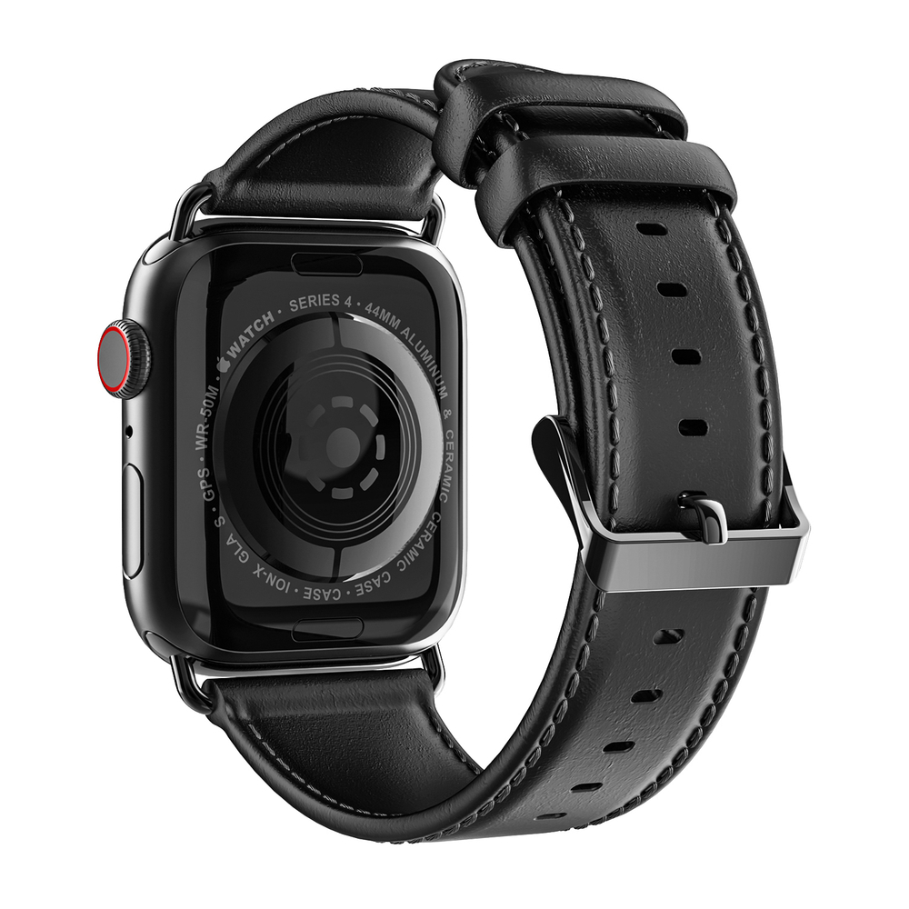 Ремешок из натуральной кожи черного цвета от Dux Ducis для смарт часов Apple Watch 42, 44, 45, 46, 49мм, серия Business Series